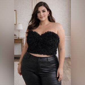 ELOQUII Fuzzy Bandeau Sweetheart Tube Top Faux Feathers Black 14 16